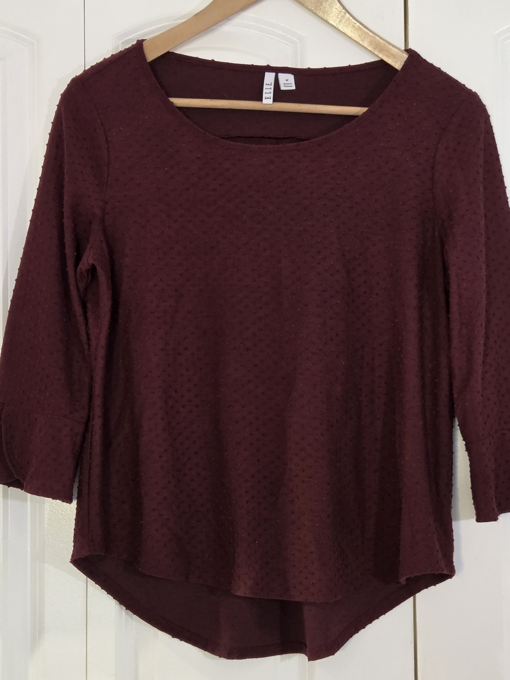 ELLE Women's Top M Maroon Burgundy Tunic Blouse Dots Workwear Office Career